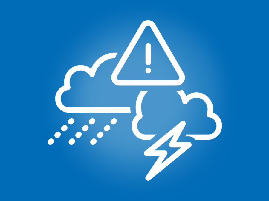 這是一個連結到國家氣象局—灣區網頁的圖案。圖案是積雨雲、雷雲和警報符號。背景是藍色的。